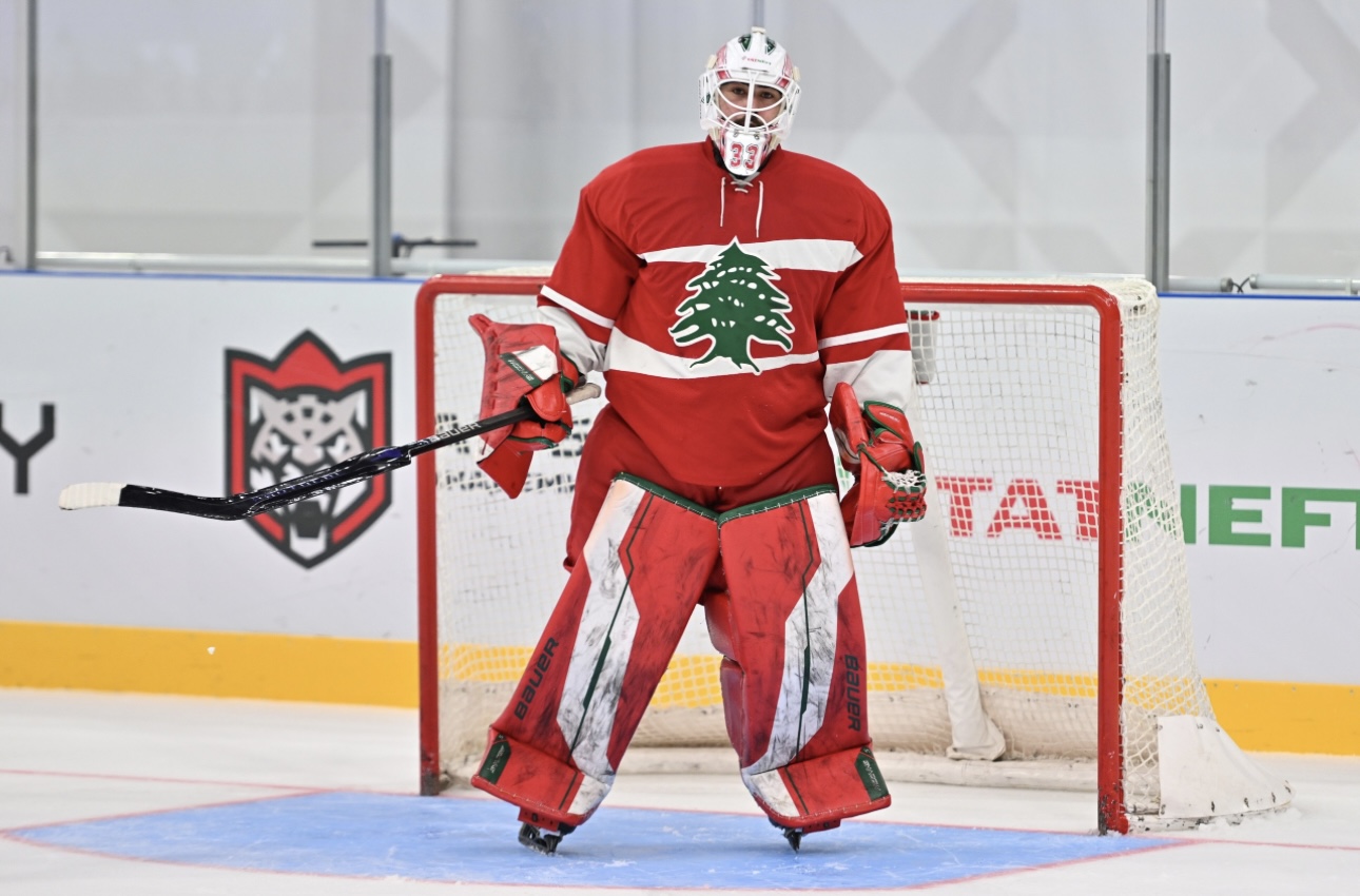 Issam Ghotmeh, founder of CreaseMode Advisory, in goalie gear with the Lebanese National Team